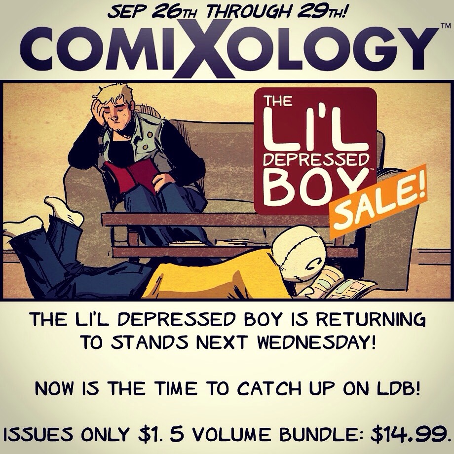 Now through Monday night! Comixology.com has every issue of the Li'l Depressed Boy for sale.
$1 per issue. $14.99 for all five volumes. (Including Volume Zero!)
And Comixology offers DRM-free options now, so you can choose to download your LDB in CBZ...