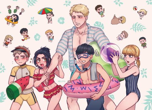 Summer-themed pic I drew for a calendar project in Korea.I drew August one, with Reiner and kids. An