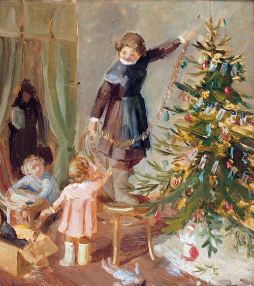 Decorating the Christmas tree   -    Shardakov Pavel Fedorovich ,1948 Russian, 1929-2007Oil on board