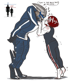 littlesmartart:  so apparently femshep’s official height is 5′3″, and garrus’ is 7′. that’s a height difference of a whopping 21 inches. I’m honestly so disappointed that this isn’t addressed in-game because you just know he’d absolutely