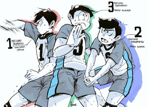 sagasogo:  MATSUNO HAIKYUU!!  I rarely to post fanart Of Osomatsu-san, But I really want to draw this crossover since a long time ago hahah.   Btw Akumatsu and Kamimatsu are on different Team.  Akumatsu probably is the Killer Ace on his team and Kamimatsu