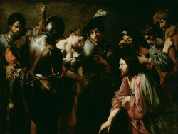 Valentin de Boulogne (French, active in Rome, 1591-1632), Christ and the Adulteress, about 1620s; oil on canvas, 167 x 221 cm, The J. Paul Getty Museum