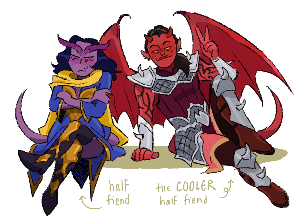 sleepingjuliette:
“family sitcom feat. the player’s handbook tiefling and their weird cousin
”