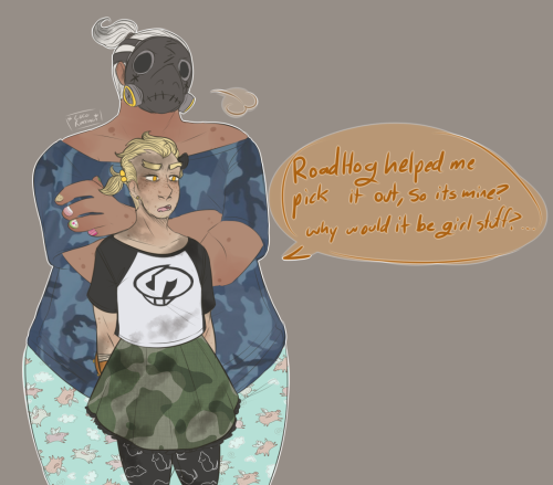 cocoraccoon:  Junkrat that doesn’t understand gender roles is my favouriteRoadhog that wont let gender roles affect them is ALSO my favourite 