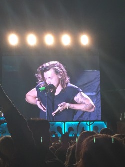 feministmaddie:  Harry making fun of a fan who was holding her boobs and readjusting herself!  08-27-15 otra Cleveland, Ohio