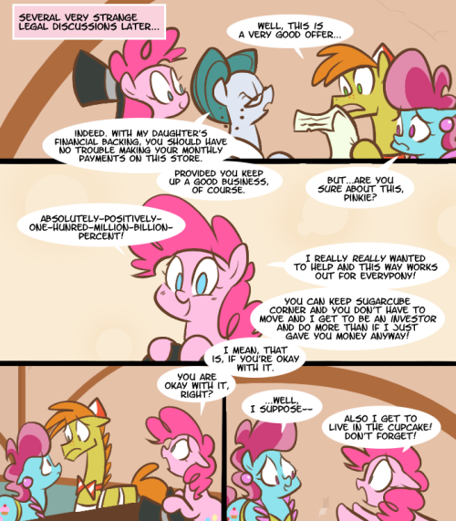 sliceofponylife:  …and so concludes the thrilling tale of How Pinkie Became a Small-Business Investor! Good thing she was there to help fix the inconsistent and Escheresque interior of Sugarcube Corner, it really needed it. Also special thanks to my