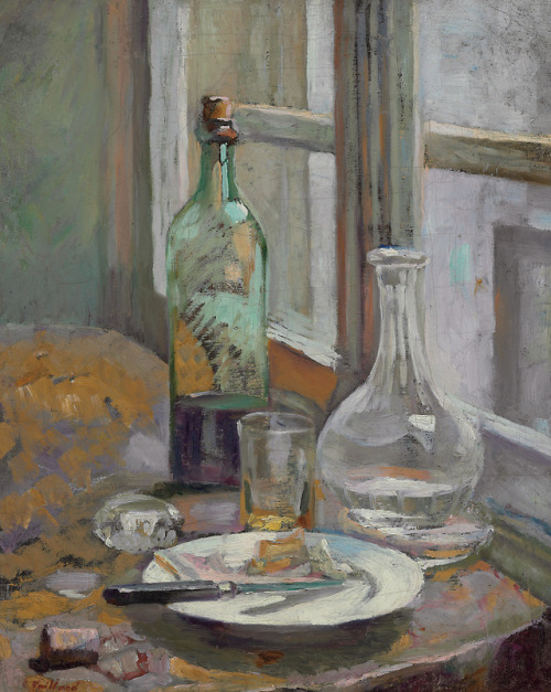 thunderstruck9:Edouard Vuillard (French, 1868-1940), Nature morte avec bouteille et carafe [Still Life with Bottle and Carafe], c.1889-90. Oil on canvas, 40.6 x 32.7 cm.