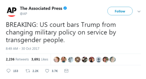 BREAKING: US court bars Trump from changing military policy on service by transgender people.Tweet s