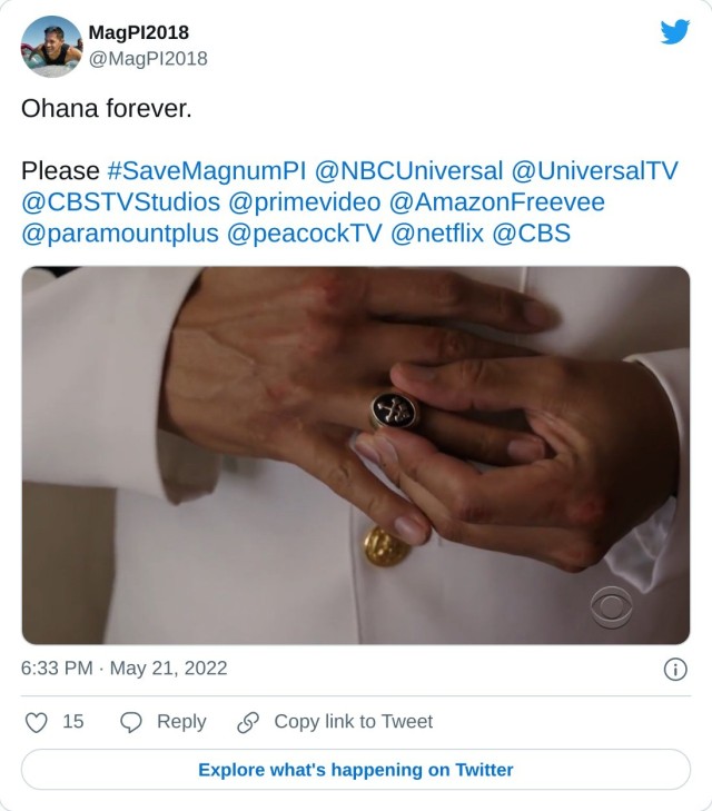 Ohana forever. Please #SaveMagnumPI @NBCUniversal @UniversalTV @CBSTVStudios @primevideo @AmazonFreevee @paramountplus @peacockTV @netflix @CBS pic.twitter.com/NR04DvUS6U — MagPI2018 (@MagPI2018) May 21, 2022