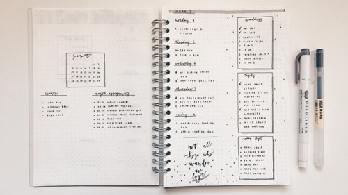 theologianstudies:  here’s the pages of my new bullet journal! i make a new one so often honestly i’m the worst wow. it just has my semester calendar and the september overview and this week’s layout! i also added in a food journal because i’ve