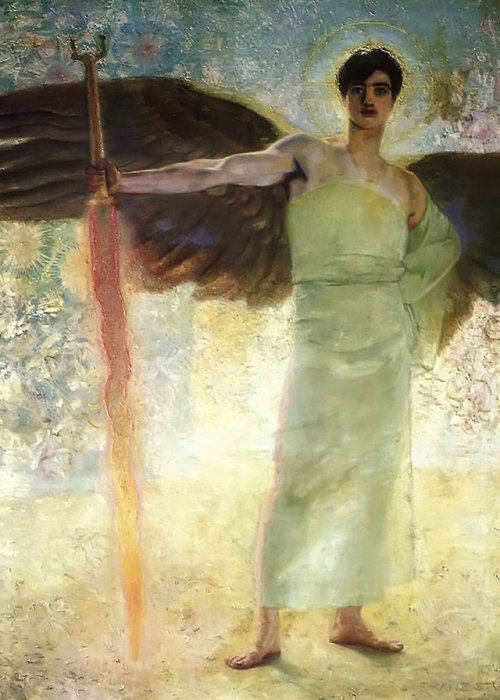 The Guardian of Paradise (1889) by Franz Stuck (German, 1863-1928). A glowing angel with bird-like w