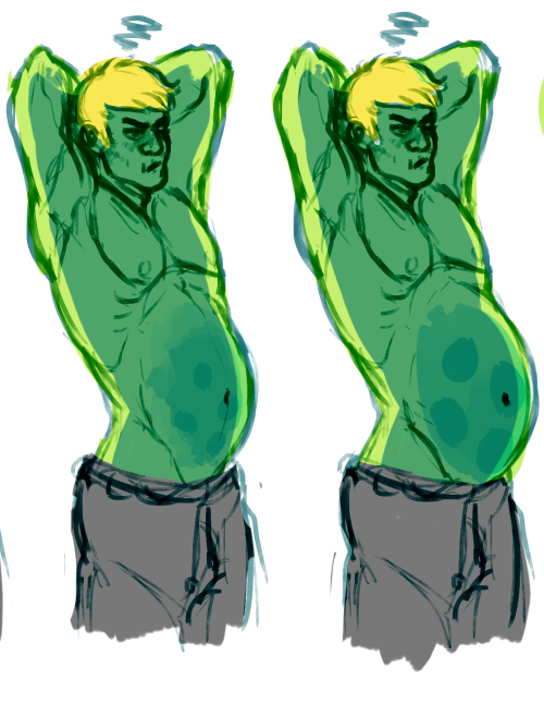 bigbarabelly:  this is the first time ive ever indulged in drawing my own fetishes before im really hesitant about drawing some chars i actually want to but for now heres an old old oc hyper nutrient rich slime guy who can alter his anatomy to carry and