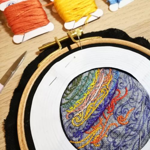  “Saturn”WIP…Second steps :- I embroider the outlines of my embroidery with split