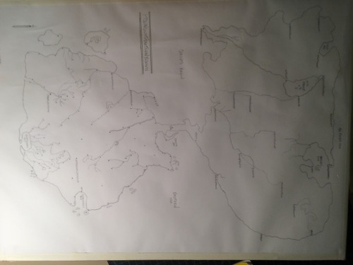 Map of the continent Holingustmaatsenylsovii (anagram of the villain is amongst you) done in pencil 