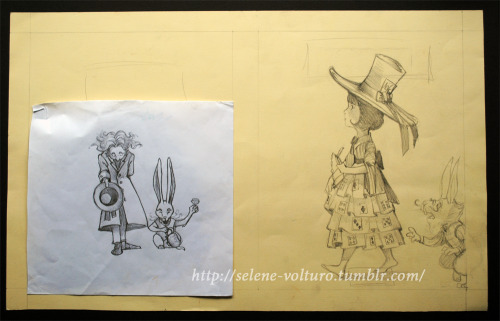 Sketches of my “Alice in Wonderland” school project -4 Sketches for the coverbook- color