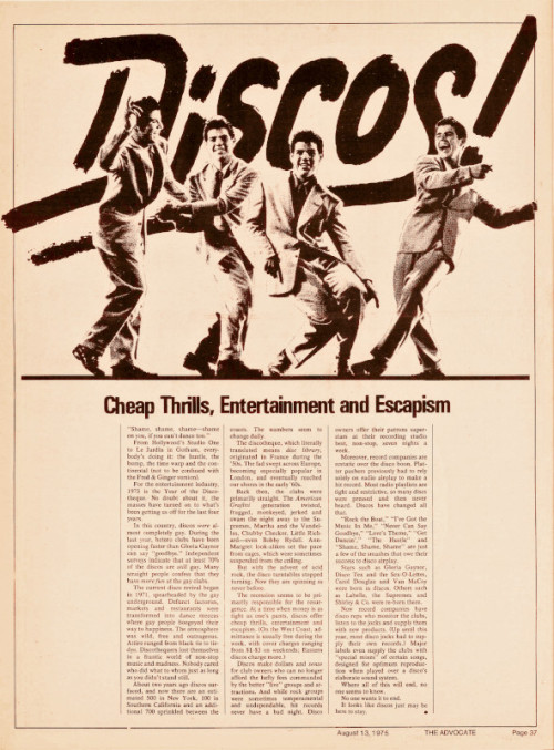 Another time capsule from The Advocate’s August ‘75 Discos! Issue. The intro to their disco coverage