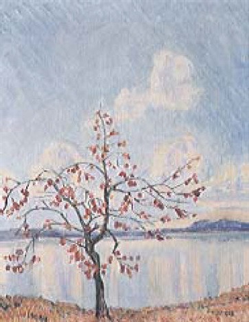 Lakeshore with Autumnal  Colored Tree -  Ernst Samuel Geiger 1945German