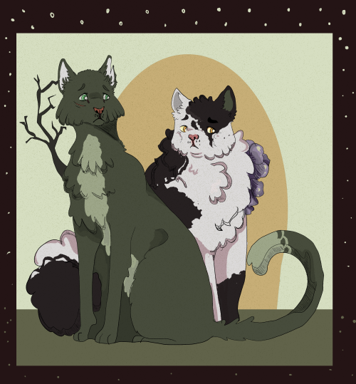 Sisters[Id: Drawing of Twigpaw and Violetpaw from Warrior cats. Twigpaw is a slender, sleek furred c