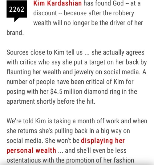 igglooaustralia:  Wow y'all really have Kim out here thinking that this is all her fault. That she deserved to be dragged out of her bed in the middle of the night, tied up, and thrown into a bathtub scared for her life, because of her wealth.   This