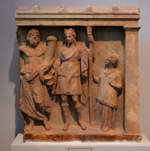 greek-museums:Archaeological Museum of Chalkis:Votive relief of Dionysus and Pluto with adorant. Fro