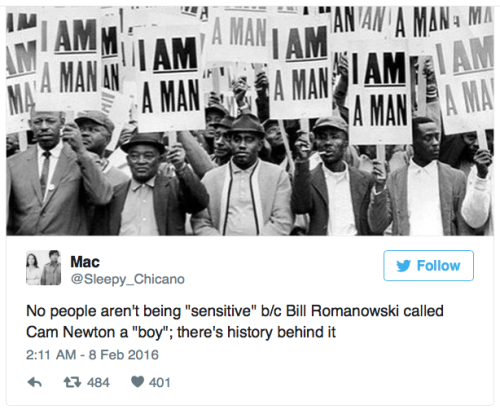 rudegyalchina:  micdotcom:  Former NFL player calls Cam Newton “boy” in tweetThe racial overtones of Sunday’s Super Bowl matchup were never much of a secret, but things boiled over when ex-Denver Broncos linebacker Bill Romanowski labeled Cam Newton “boy”