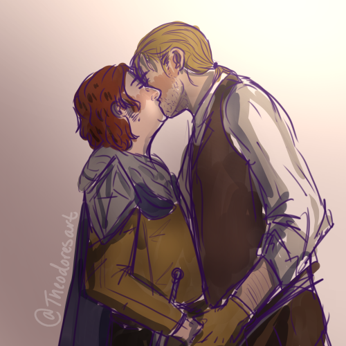 merry-harlowe:[ID: A messily colored sketch of two people kissing. The smaller person, Capella, has 