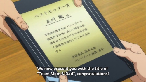 fakeanimesubs:the team captain and setter receive the prestigious honor of being team parents