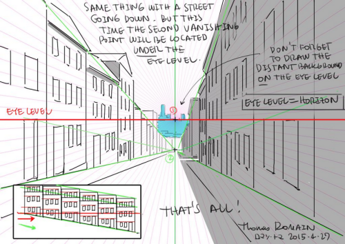 as-warm-as-choco:How to draw street going up &amp; down without losing your mind. by Thomas Romain (