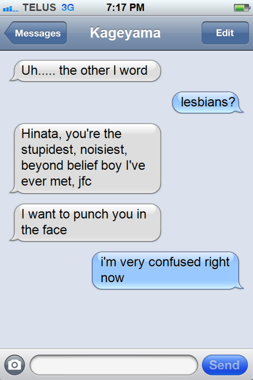 haikyuutexts:  After that, Hinata wanted to ask him out first but Kageyama didn’t allow it so they started fighting again. Suga-san had to intercede.