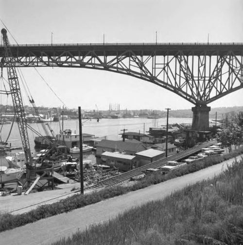 Houseboats docked below the Aurora Bridge on Lake Union, Seattle, 1969