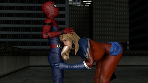 Captain Marvel gives Spider-man  a hot blowjob