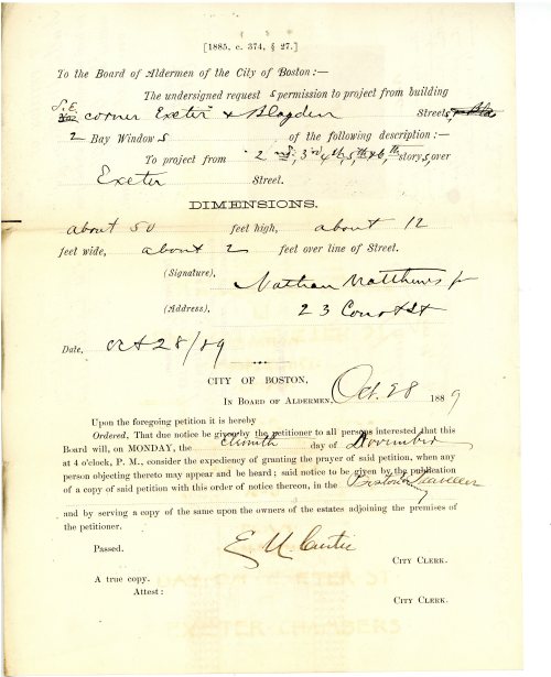 On this day in 1889, Nathan Matthews requested permission to add two bay windows to his property on 