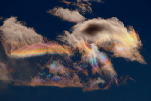 nubbsgalore:  this atmospheric phenomenon is known as a circumhorizontal arc, which occurs when the sun is at least 58° above the horizon and the hexagonal ice crystals which form cirrus clouds become horizontally aligned.                  