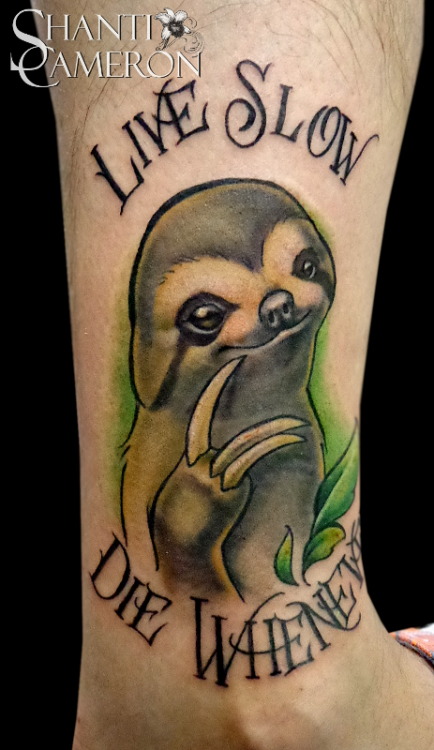 fuckyeahtattoos:  This is one of my favorite tattoos that I’ve done so far.  I would love to do more along these line.  Who could resist a face like that?  Sloth life forever! Shanti @ Cat Tattoo in Addison, Texas (DFW area) 