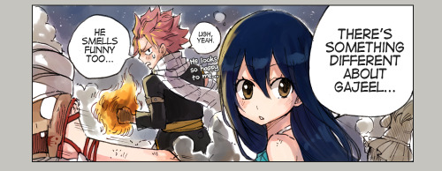 rboz:  Gift for my dear @pockettwoman  Gajeel looks so handsome these last couple of chapters we have agreed he has the afterglow look on him and thus this small comic was born. Yes Levy, yes, they’re talking about you. 