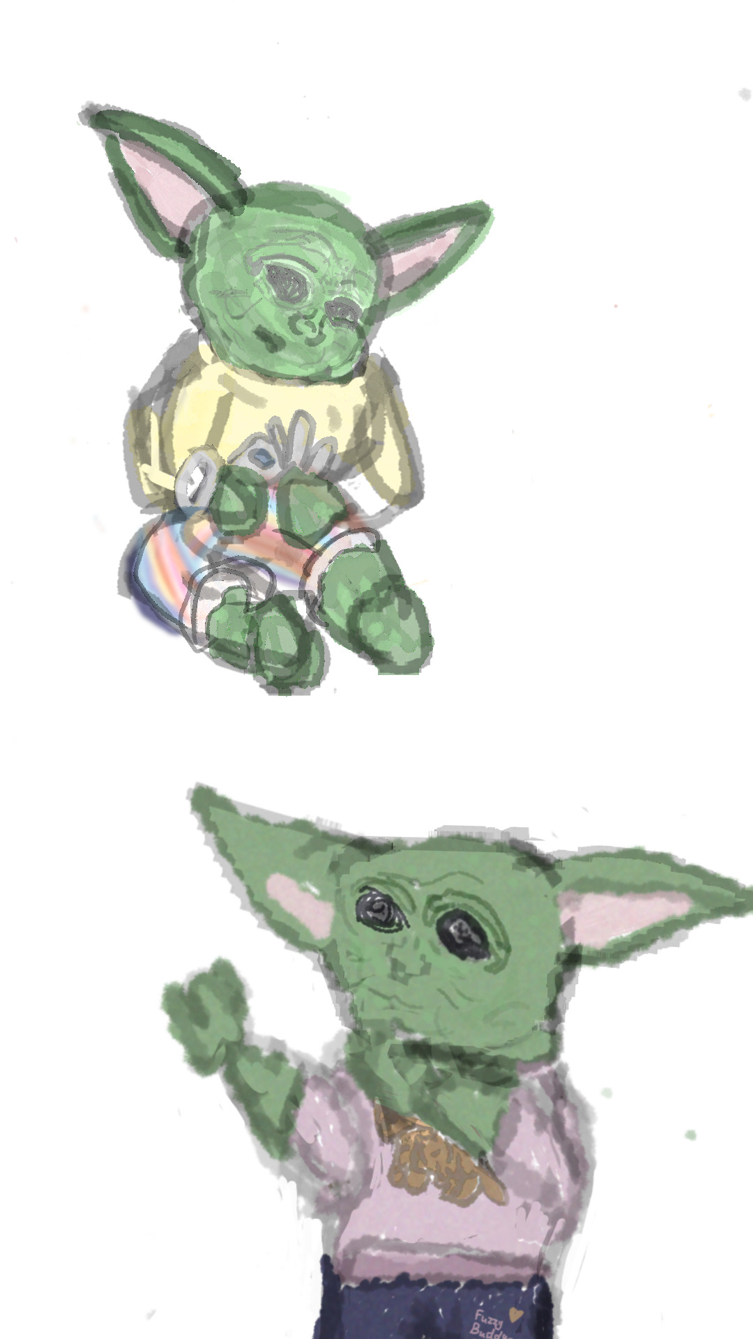 drawing of Baby Yoda/Grogu from the mandalorian, dressed in colorful baby clothes and playing with toys. in the upper one hes wearing a fluffy yellow shirt and whimsically striped shorts, playing wit ha shuttle model; in the second drawing, hes wearing a pink and navy playsuit with bantha doodles, and asking to be raised 'uppies'