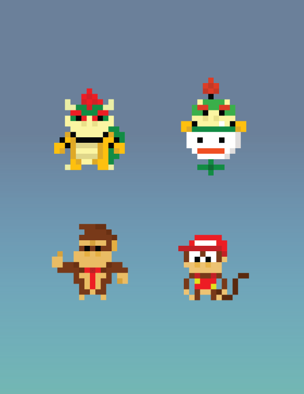 pixelchin:  SUPER SMASH BROS. ROSTER (4/12) BOWSER  BOWSER JR. DONKEY KONG  DIDDY