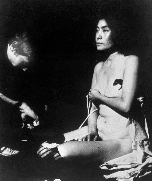 arterialtrees: Yoko Ono Cut Piece 1965 In this performance Ono sat on a stage and invited the audience to approach her and cut away her clothing, so it gradually fell away from her body. Challenging the neutrality of the relationship between viewer and