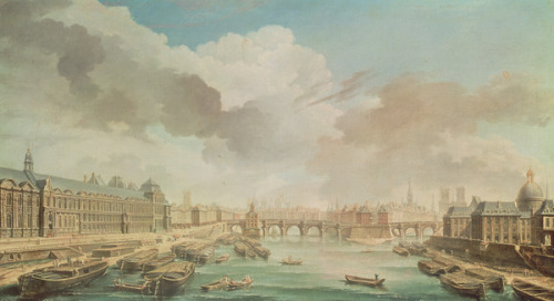 Nicolas-Jean-Baptiste Raguenet. La grande galerie du Louvre, le Pont-Neuf et le collège des Quatre-N