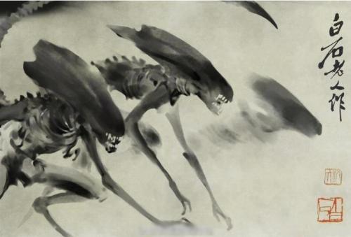 kadrey:The Alien as a sumi-e ink wash painting.