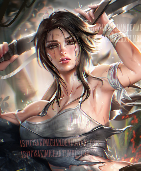 sakimichan:  Sexy Female ‪#‎pinup‬ for this week :)Lara croft I had alot of  fun with this painting, Trying to make everything flow more naturally  with more textures :3 My favorite part is to add the cloth texture and  dirt XD !