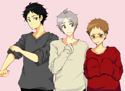 electricprince:  Akaashi, Suga, and Yaku borrowing their captains’ sweaters (•ˇ‿ˇ•) for hq_69min’s “oversized clothes” theme