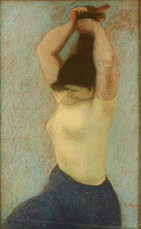 Model against green background   -   Rune HagmanNorwegian, 1914-2007pastel on brow, 81 x 50 cm .