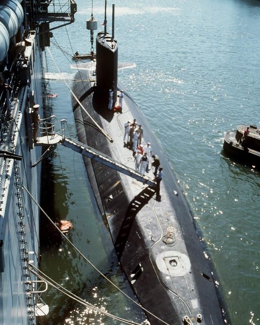 judgemark45:(4/29/1988) Mooring lines secure the attack submarine Bonefish (SS-582) to the submarine tender Frank Cable (AS-40). The Bonefish is berthed alongside the Frank Cable at Charleston, S.C. after being towed to its home port following an on board