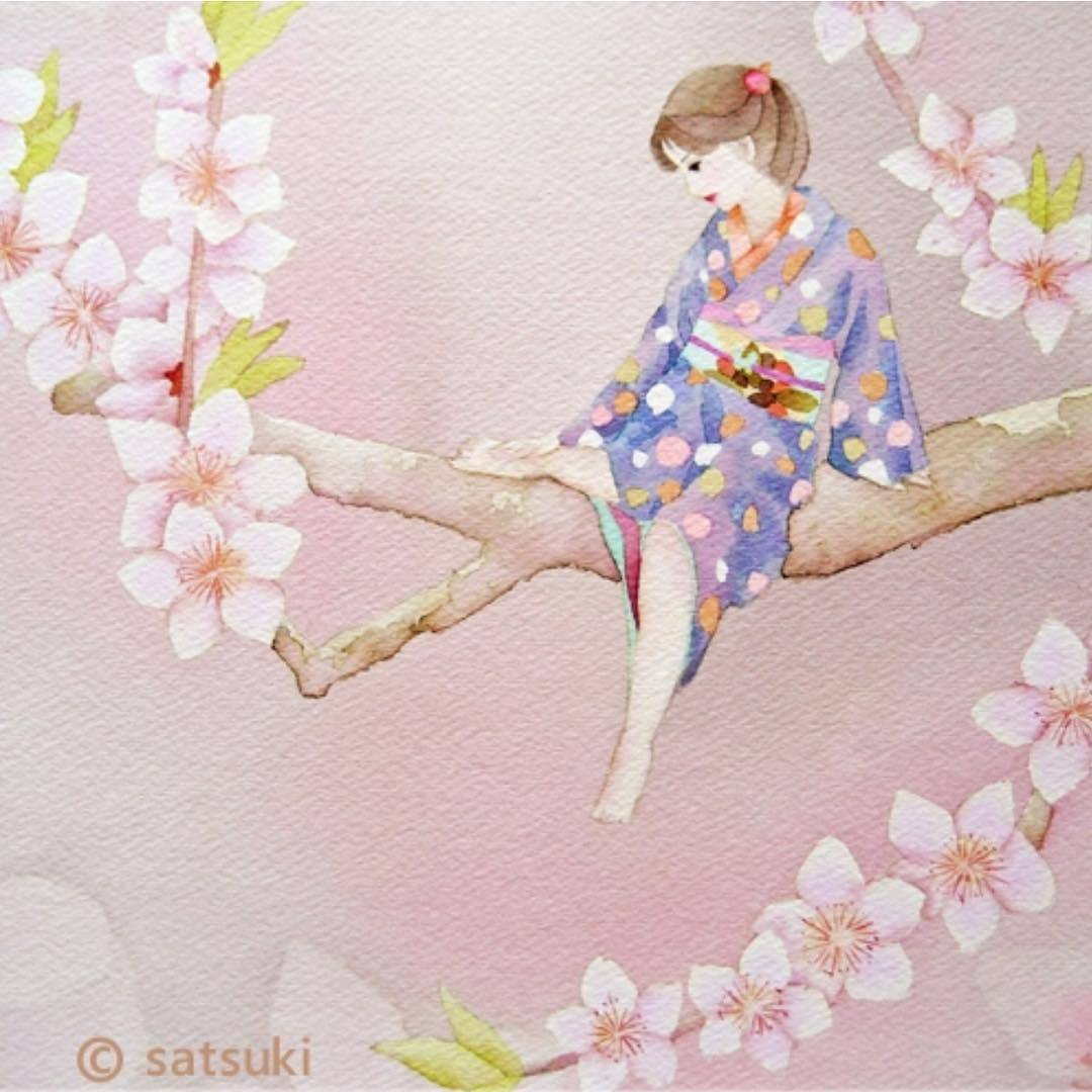 沙月satsuki Illustration And Matryoshka Doll 春霞 イラスト イラストレーター 着物 桃 女性 桃の花 Illust Illustrator