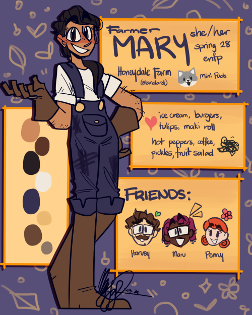 Heyy! Stardew OC time! Mary’s based on my current playthrough, and ~slightly~ based on myself, with 