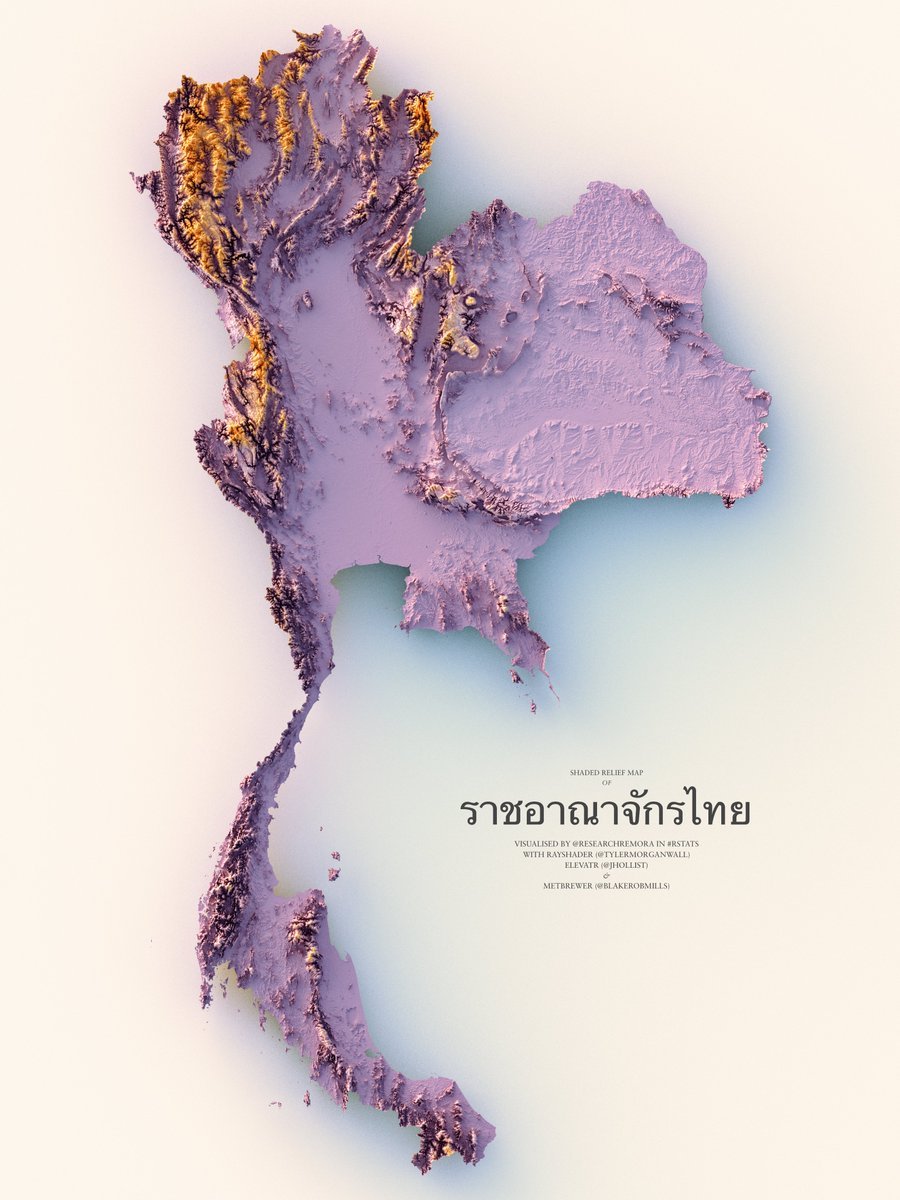 Shaded relief map of ราชอาณาจักรไทย (Thailand).
by @researchremora