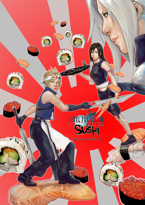 silentlyforte:  FFVII: AC Sushi by ~Firnheledien  Oh my god.. I think I love this too much. Cloud Strife. The sushi chef. //dies
