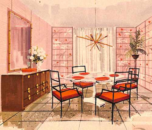 vintagediggs: 1957. Woman’s Day from an article titled How to use color in your home.  Co