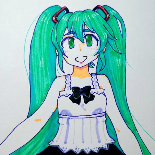 i hope this posts the right picture lmao drew Miku for her birthday last month in the outfit from &l